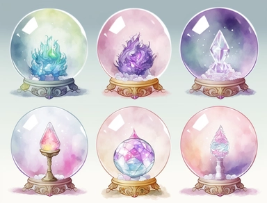 6 magical pastel crystal ball, pixel art style, clipart, deep colours, white background, watercolour illustration style, dreamy, clear border around, 8k, intricate detailed , 8k, png