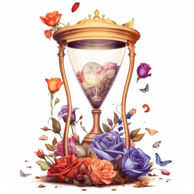 Clipart, A charming hourglass nestled amidst flowers, isolated on a white background with a wide margin
