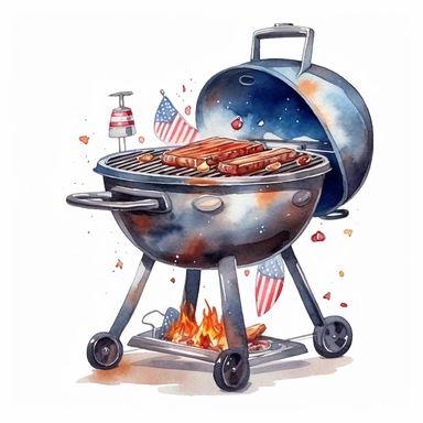 Cute Beautiful Patriot Barbecue Grill For 4th Of July Watercolor Sublimation Clipart,Cartoon, hyper realistic, intricate detail, illustration style,high solution,on the white background
