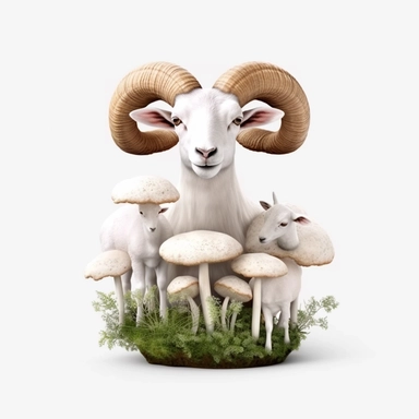 mushrooms with goat, clipart, white background, hypermodernison, ar 3:2