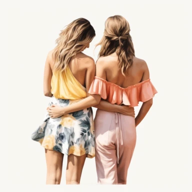 back view best friends hugging summer fashion illustration clipart, png file, smooth skin, hyper realistic, transparent background,high detail, 8k