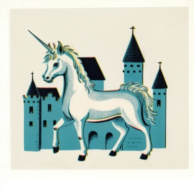 but simple 2 color unicorn standing clipart vintage. reference cover illustrations from the Junior Deluxe Editions kids books. White background.