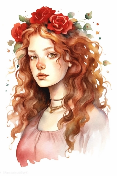 a cute cartoon pretty young Girl with a high red colored and gold ribbon and roses sparkling around her profile, long curly hair with mini flowers in head, portrait, daydreaming expression in watercolor form, sarah kay and holly hobbies, clipart, watercolor, smiling, on a white background, daydreaming expression in watercolor form