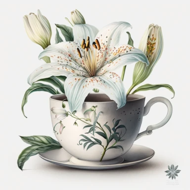 Watercolor realistic detailed white tiger lily flower in a tea cup clipart, white background, no text