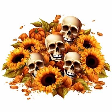 vector art of sunflowers, skulls, and coffee, flourish with coffee swirls and coffee beans clip art with white background