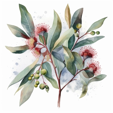 watercolor clipart eucalyptus branche,with green blue foliages,very big red gum blossoms,high resolution,high detailed,no text