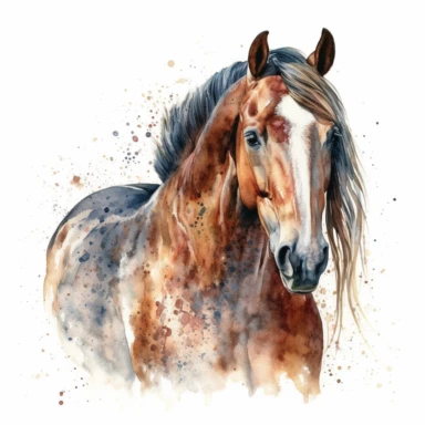 Mustang Horse, highly detailed, watercolor, clipart, illustration, white background, digital painting, paper crafting, no signature, no text
