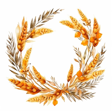 watercolor Amber Wheat Wreath clipart, isolated on white background