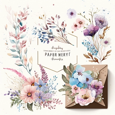 Wildflower Clipart Watercolor Floral Wedding Spring Flowers Premade Corner Arrangement. Bachelorette party, pink, blue, purple and brown pastel colors on white background FOR GIFT CARD, WEDDING INVITATIONS