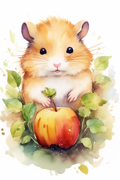 Create a watercolor clipart picture of a hamster next to an apple, white background. The hamster should have a cute and happy expression, with its fur depicted in soft watercolor textures. Surround the hamster with small flowers and greenery, adding a whimsical touch to the scene.