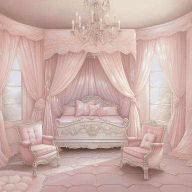 panoramic view, full view, beautiful elegant royal baby girl nursery room drawing painting, frilly, romantic, fantasy, ethereal, light pink and white colors, beautiful crib with beautiful full flowing canopy, beautiful bling crystal chandelier, soft pink teddy bear, beautiful large Victorian style window with beautiful pink flowing drapes, faux fur rug, sharp focus, high detail, 8k, illustration clipart style, transparent background
