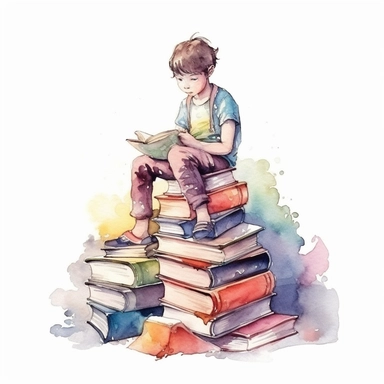 beautiful watercolor clipart of a young child reading with a stack of books, fun pastel hues, compositions on an isolated white background. Bright illustration, highly detailed