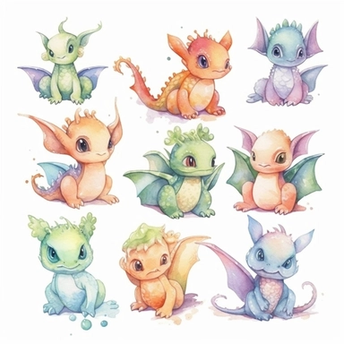 watercolor cute baby dragon clipart full body, flying and sitting, simplistic, charming sketches, warm color palette, hand painted, white background