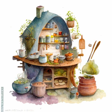 A hyper - detailed illustration watercolor clipart of a whimsical kitchen of a fairy house built out of natural materials by a human, complete kitchen utensil and kitchenware and foods in preparation watercolor illustration, illustration style a combination of Beatrix Potter and Tove Jansson, isolated on white background with margins, cut - out images, zoom on table , close up view