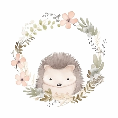 cute hedgehog in a dainty minimalist floral wreath, watercolour, magical, kids art, clipart, isolated white background, 8k