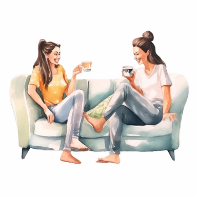 watercolor, Smiling woman friends drinking tea at home Happy females laughing and gossiping sit on comfortable couches isolated. People spending time together having a friendly conversation png Full body realistic cartoon in 32K UHD cute. 15 cm thick outline. Black color. There was no shadow on the ground. 8k with realistic watercolors and detailed illustrations. PNG clipart, transparent white background