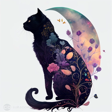 clipart, a gorgeous black cat standing in profile, voluminous clouds, starlight, huge moon, floral vines, rich deep pastel colours, luminous, glowy, watercolor, by amy sol and magali villeneuve and susan bourdet and ross tran, intricate, illustration, detailed, 8k, png, isolated on white background