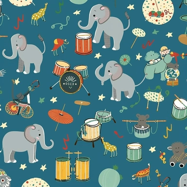 Clipart for a newborn's nursery wallpaper: an ensemble of baby elephants, each with a different band instrument--a duo with tubas, a trio managing drums, and the remainder boasting trumpets--presented in a stylized, child-friendly design