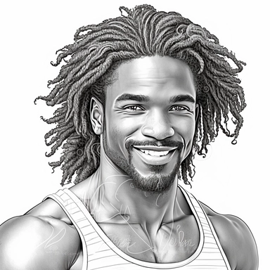 monochrome classic coloring book page of full body head to toe clipart style of smiling, handsome African American man with smooth skin no blemish, he has round detailed eyes, chiseled face with hair, hyper realistic, hyper detailed, hair is short curly dreadlocks, wearing a full African outfit, line art, 8k polished focused photography, there is no background on this image