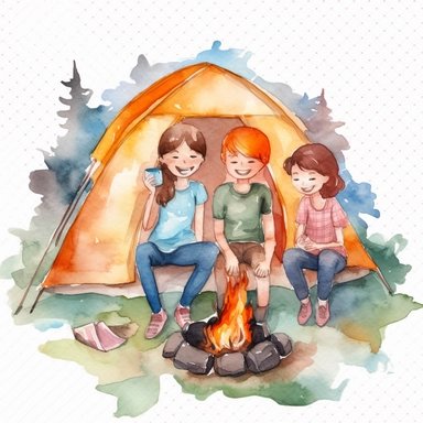 Watercolor group of friends three four people camping bbq cat smile png Full body realistic cartoon 32k UHD cute. 15 cm thick outline. Black color. There was no shadow on the ground. with realistic watercolors and detailed illustrations. Cartoon, PNG clipart, transparent white background
