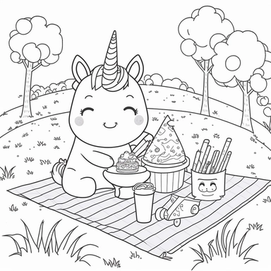 cute clipart cartoon of an happy unicorn having an outdoor picnic coloring book cartoon style vector lines black and white with no background--v4