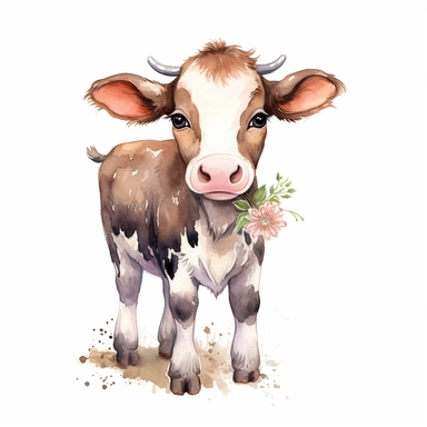 Full-length illustration of adorable cow, clip art, digital art, HD, white background, watercolor, clear liner