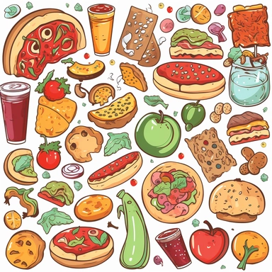 Clipart of different kinds of food, such as fruits, vegetables, burgers, pizzas, and desserts.