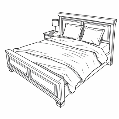 bed, b&w lineart, minimalist style, white background, full body, picture, coloring book style on white background, well composed, clean coloring book page, No dither, no gradient, strong outline, No fill, No solids, vector illustration, clipart, simple, cartoon –ar 9:11 –v 5