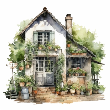 one garden house clipart digital arts on a white background, in the style of atmospheric watercolours, uhd image, vintage cut-and-paste, iconic, realistic, detailed rendering, en plein air technique, charming characters , no watermark, text, 300 DPI , typography, shapes do not stick together, no text in the picture, on a white background