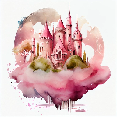 A Pink Fairy Tale Castle on cloud dream illustration, Watercolor clipart, details