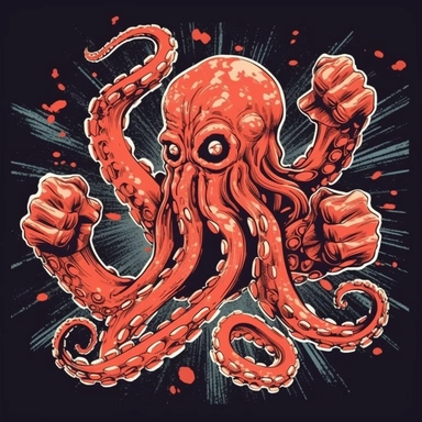 jiu jitsu fighter octopus logo, horror, satire, creepshow, 1980s, villains, clipart, fireworks, poster