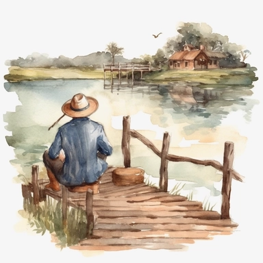 watercolor vintage fishing man sitting on the pier in a lake view surrounded by idyllic greenery, back turned, straw hat fishing clipart, no background, 4K