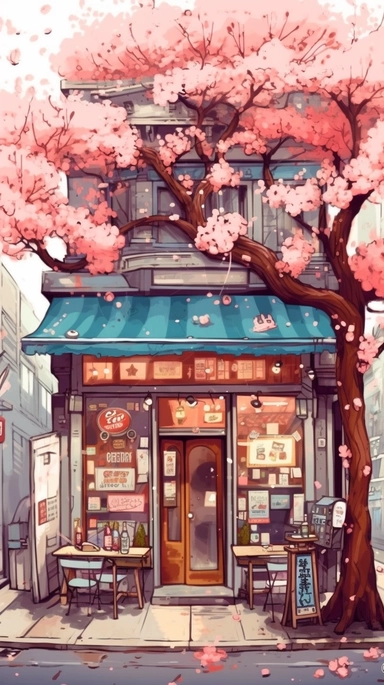 Very very cute and Whimsical quirky Jazzy coffee shop, building corner, cherry tree blossom, Raining colorful, Watercolored illustration in the style of Michael Powell, clipart, city vibe background - 8K