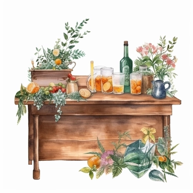 watercolor, hyper realistic, white background with margins, 8k, ultra detailed clipart a wooden bar decorated with greenery and florals, serving drinks for the reception, wedding, brown and green