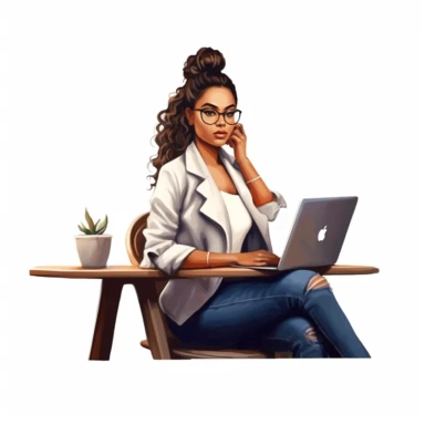 chic latino lady boss sitting at the desk and working on laptop, realistic illustration, clipart, isolated on white background, 4K