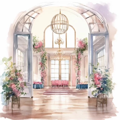 Watercolor drawing beautiful rich mansion interior, wedding venue in flowers, watercolor clipart, white background, isolated on white, 8k, watercolor style