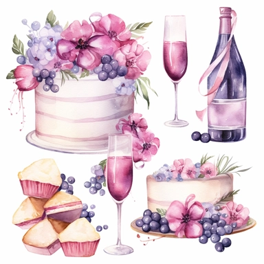 Vector collection, wedding, feast, wine glasses, balloons, ribbons, party, happiness, wedding cake, bouquet, flowers, clipart, watercolor, 8k, white background.