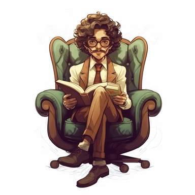 curly man in glasses and a tie on an armchair with a book simple clipart