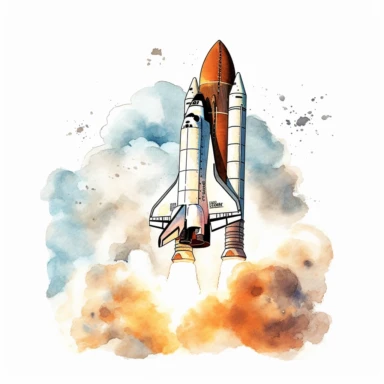 A clipart of a space shuttle launching with smoke billowing beneath it, created in watercolor style, all on a white background.