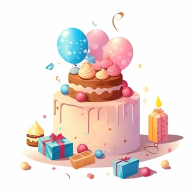 Birthday Cake With Birthday Elements Like belon,Gift Box, Star, Clipart, Vector Style, Logo design, White Background