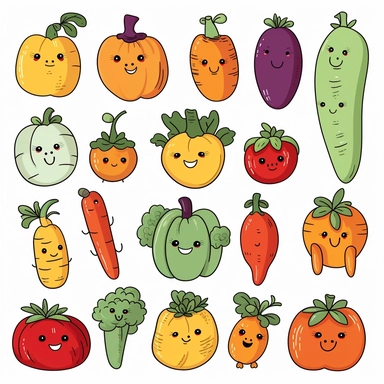 vegetables clipart set, whimsical and cute hand drawn illustration, playful expression, rounded shapes, isolated image white background