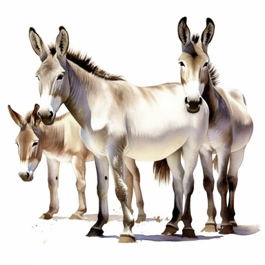 Animal Clipart, Group of Donkeys, Full body of animals, Watercolor, white background, solid white background, Highly detailed, Super sharp, Realistic