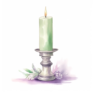 Graceful Baptism Watercolor Clipart - Sage Green, Ivory and Lavender Baptismal Candle Holder: This beautiful piece showcases a candle holder painted in sage green, ivory, and lavender. The candle holder, typically used to hold the baptismal candle, symbolizes the steadfast light of faith that guides the child's spiritual journey. The serene colors add an element of tranquility, purity, and grace to the artwork.