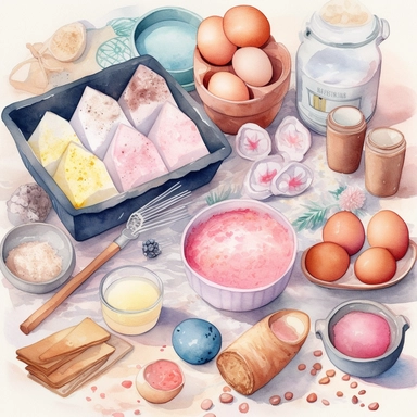 Design a watercolor clipart image of a set of baking ingredients, including flour, sugar, and eggs. Use pastel shades of pink, blue, and yellow to create a soft and inviting palette, and include plenty of texture and detail to make the ingredients look tactile and realistic, white background