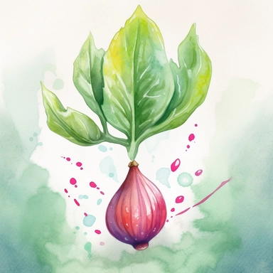 Create an adorable, cartoon-style clip art image of a fig suspended in mid-air, with a short stem growing from the top of the fig, in a watercolor style that looks fresh, delicious, and appealing. The focus should be on creating a visually engaging and child-friendly image suitable as a teaching tool for three to four-year-olds. Use soft watercolor strokes to give the fig a whimsical and playful appearance. Depict the fig in a rich purple color, capturing its natural hues. Ensure that the detail