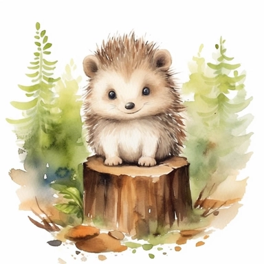 Create a captivating watercolor clipart illustration of a very cute and endearing hedgehog in its natural forest habitat. The illustration should be rendered in a soft pastel watercolor style, with exceptional attention to detail, crystal-clear high focus, and an ultra HD 16K resolution. Please ensure the image showcases the hedgehog's charm and innocence, with all the delicate watercolor textures and intricate details vividly displayed against a solid white background