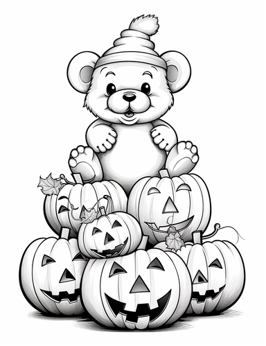 clipart cartoon stack of pumpkins with baby teddy bear in the style of Pierre-Auguste Renior black and white child's coloring book, black and white smooth thick lines, solid white background, no background