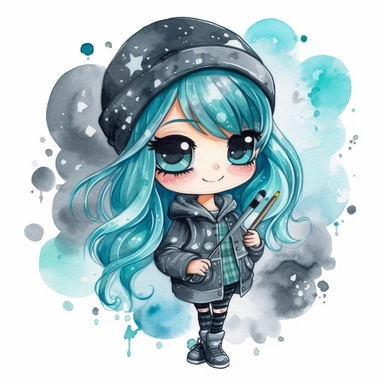 watercolor funny create kawaii marbled black ,silver, teal chibi with school supplies clipart, isolated on white background,space out--ar3:2--s1000