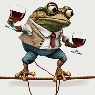 studious toad wearing glasses is walking high on a tightrope with red wine in his hands, vintage, funny, white background, clipart, no shadows, caricature