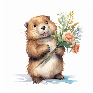 a captivating watercolor clipart image with a white background and white margins, featuring a cute sweet extremely happy smiling baby beaver holding a flower bouquet, full body, The ultra-detailed, hand-drawn elements capture the details. Use vibrant shades of various colors to create a visually appealing image
